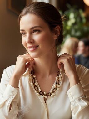 J Crew Faux Tortoise Shell Chain Link and Cluster Pearls Necklace 17-19" Long